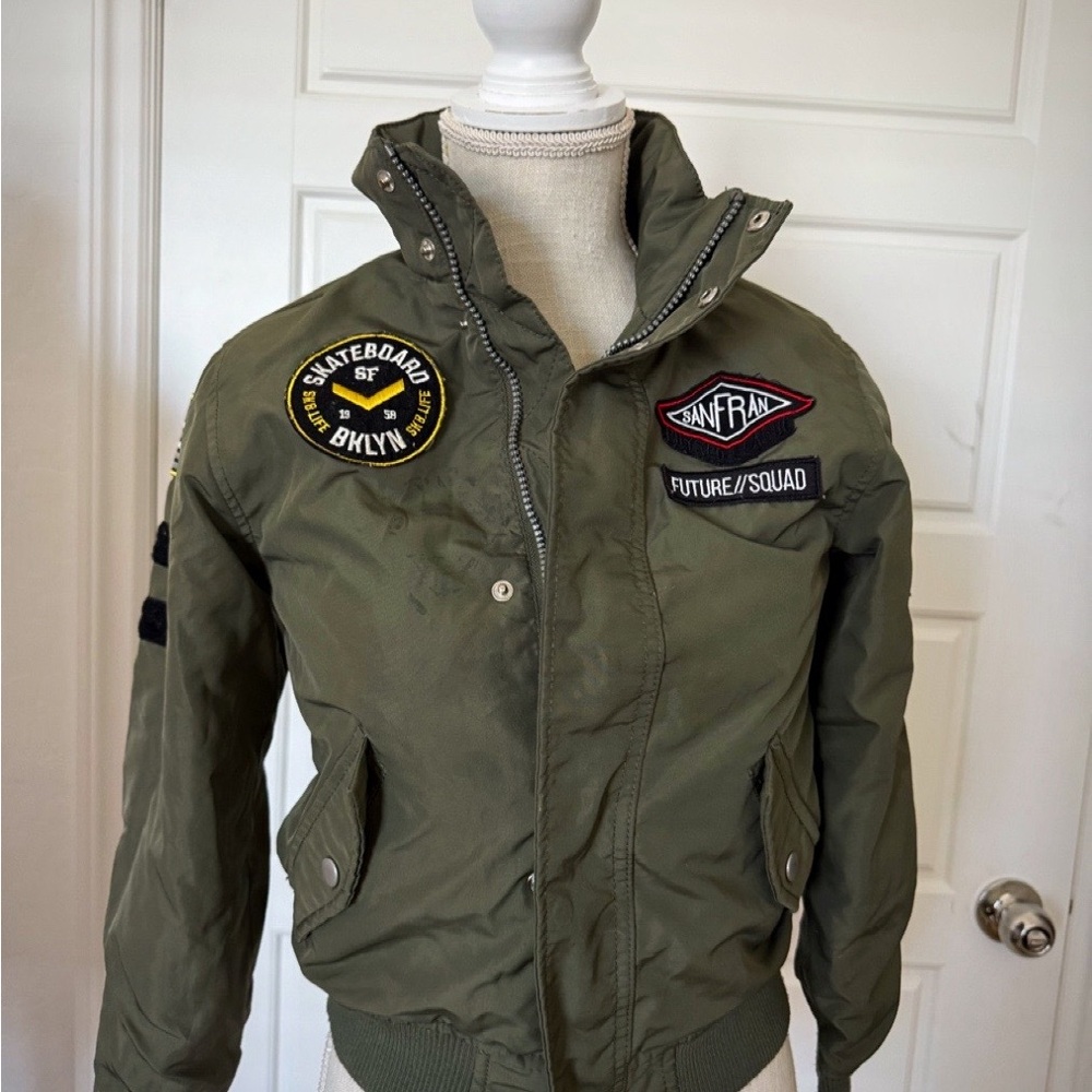 H&M Green Varsity Bomber with Military Patches